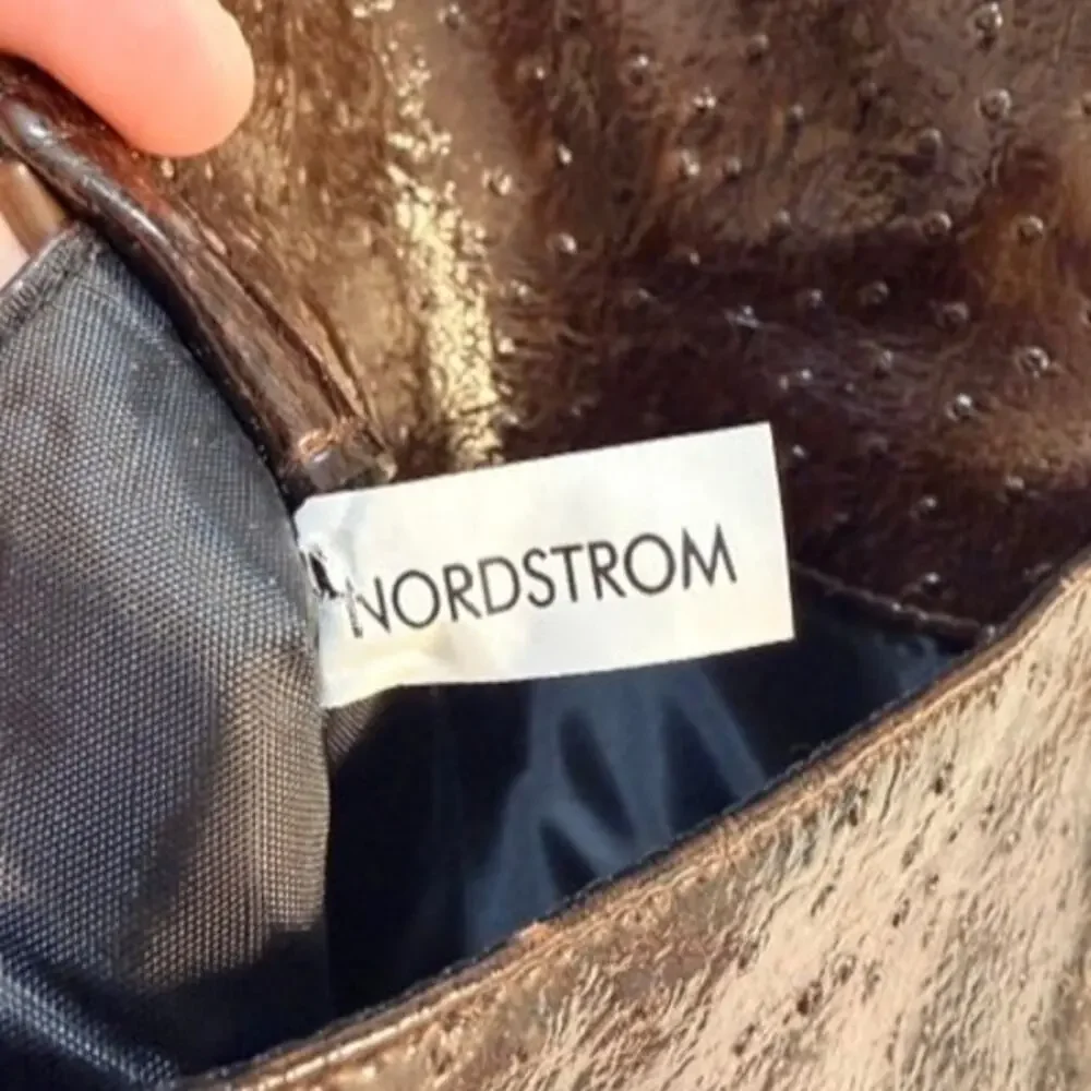 Nordstrom Brown Ostrich Embossed Faux Leather Foldover Clutch Bag Handbag EUC